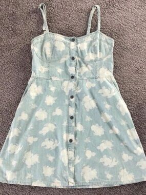 Floral Print Denim Mini Dress Y2K Spaghetti Strap Button Front Sundress
